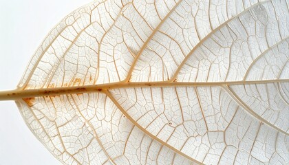 Obraz premium Close-up of a translucent dried leaf skeleton with intricate vein patterns on a white background, showcasing natural texture and delicate structure