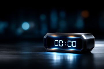 Sleek digital countdown clock glowing in blue light displayed on a dark surface, showcasing modern design and technology with a futuristic ambiance and captivating visual appeal