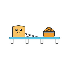 Quirky animated bread factory with smiling conveyor belt producing delicious baked goods vector