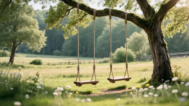 Two wooden rope swings hang from a thick tree branch in a sunny meadow filled with flowers and green grass. Calm rural scenery. Nostalgic and peaceful atmosphere.