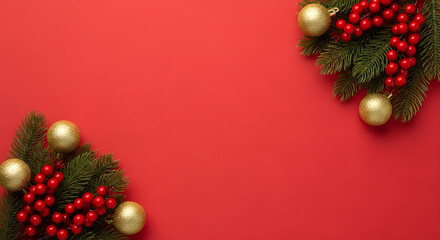 Christmas banner with fir branches, red berries, and gold baubles on a vibrant red background