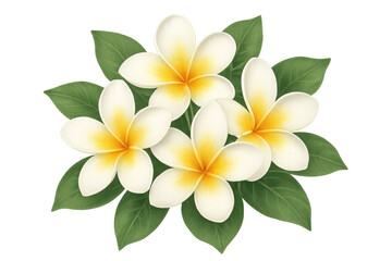 Fototapeta premium Plumeria flowers illustration with green leaves, creating a tropical botanical bouquet on a transparent background