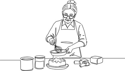 Elderly woman cooking in kitchen with ingredients on table - Concept of line vector style, transparent background  