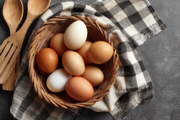 A rustic woven basket overflows with fresh brown and white eggs