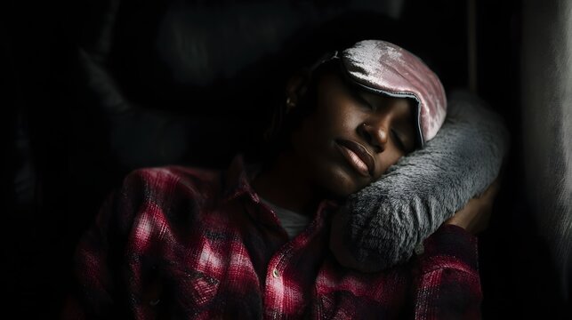 A person enjoys a peaceful slumber during a journey resting their head on a comfortable travel pillow while wearing an eye mask