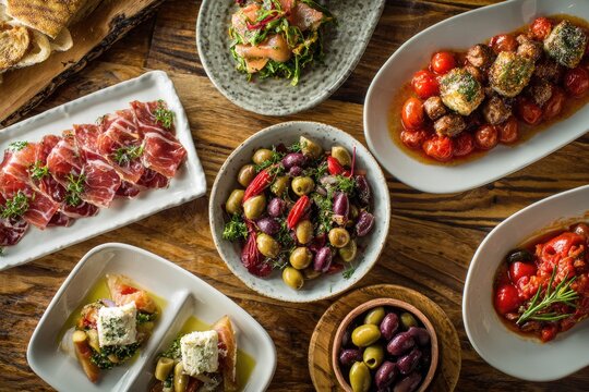 Overhead view of a rustic table filled with diverse, colorful Mediterranean tapas dishes