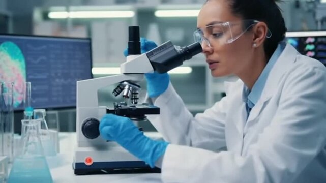 Female scientist examining samples with microscope in laboratory  