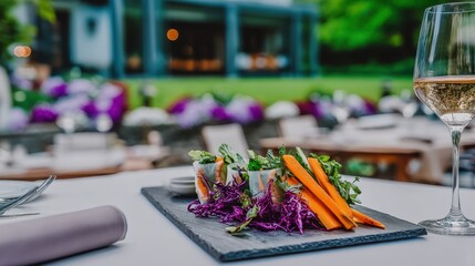 Elegant sushi presentation outdoor restaurant food photography lush garden setting close-up view culinary art