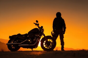 Fototapeta premium Harley Silhouette. Man in Leather Jacket Riding Motorcycle at Sunset