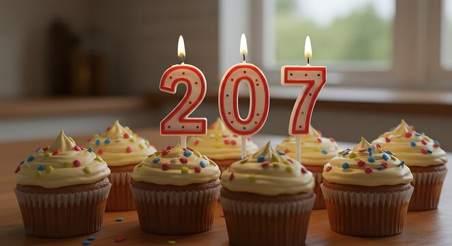 Festive cupcakes adorned with number candles celebrating milestone 207
