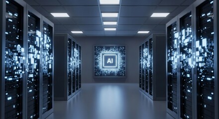 Data center with AI technology and illuminated server racks
