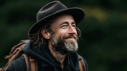 Obraz premium Candid portrait of a handsome, smiling middle-aged man with a beard, wearing a hat and a backpack, looking content in a natural, outdoor setting.