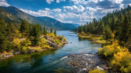 Hebgen Lake Montana. Big Sky Landscape with Fall Colors and Flowing Water