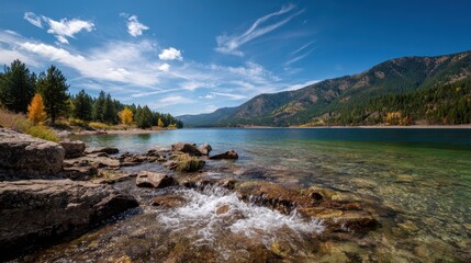 Hebgen Lake Montana Landscape: Big Sky and Autumn Colors Reflecting in the Flowing Waters