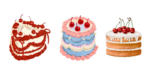 set of Cute cake birthday cafe dessert sweets illustration with one on transparent background