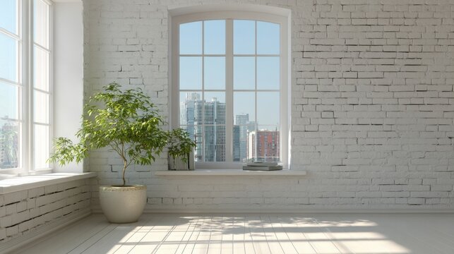 minimalist loft interior with large arched window - Powered by Adobe