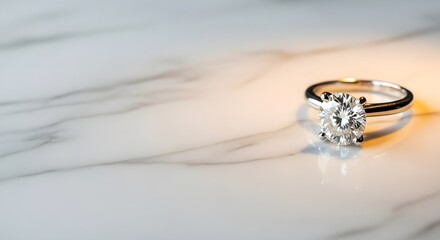 Diamond Engagement Ring on White Marble Background Copy-Space Left