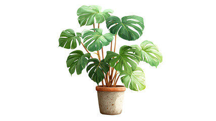 Obraz premium Vibrant Monstera Deliciosa plant in pot showing lush tropical leaves and natural indoor greenery isolated on white background
