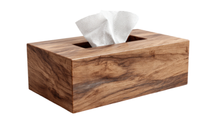 Wooden tissue box with clean paper napkins showing elegant home accessory and natural texture isolated on white background
