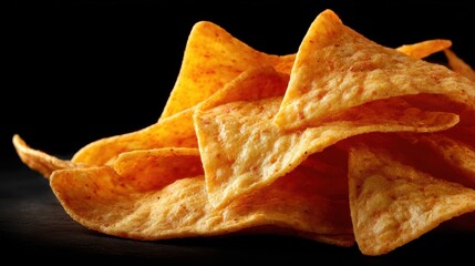 Macro Shot of Crispy Tortilla Chips on Matte Black Background