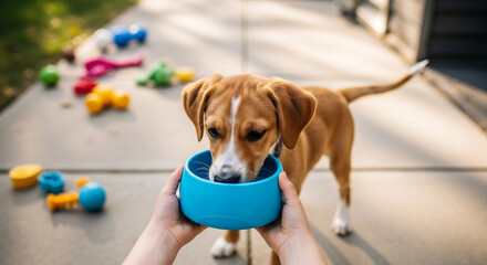 Dog drinking from portable bowl offered by child on suburban patio, pet hydration and care