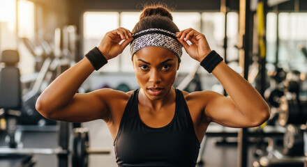 Woman adjusting headband before workout in gym setting, fitness preparation and motivation