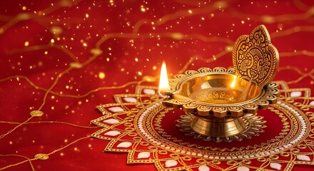 Close-up of a beautifully polished brass oil lamp lit for Diwali, resting on a ceremonial red mat.