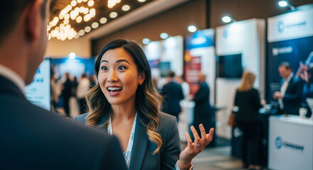 Enthusiastic woman engaging in networking at business event, professional connection building