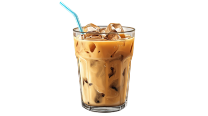 Iced coffee with straw showing chilled refreshing beverage in transparent glass cup with creamy texture isolated on white background