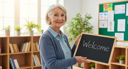 Elderly woman with chalkboard smiling in bright classroom, senior teacher welcoming students for education and learning