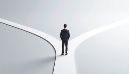 Fototapeta premium person standing at a literal intersection or forked path, symbolizing decision-making and life choices