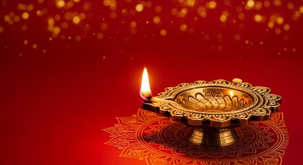Close-up of a beautifully polished brass oil lamp lit for Diwali, resting on a ceremonial red mat.