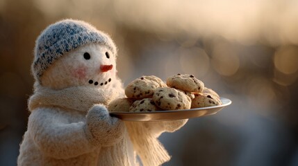 Naklejka na ściany i meble Cozy snowman in winter woolens presents chocolate chip cookies, evoking Hygge spirit and whimsical Yulee tidings Naklejka na ściany i meble Cozy snowman in winter woolens presents chocolate chip cookies, evoking Hygge spirit and whimsical Yulee tidings