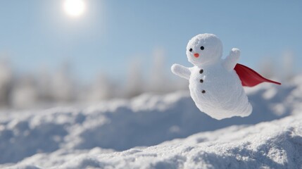 Floating snowman with a red cape glides under winter solstice sun, evoking Yule magic and whimsical frost tides