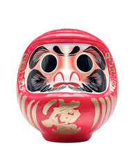 Daruma doll in bright red with intricate details, isolated on white