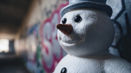 Snowman with whimsical carrot nose stands vigil amidst urban graffiti, conjuring tales of Frosty Fest and Solstice revels