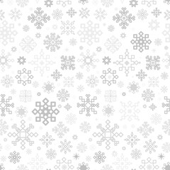 Seamless Winter Snowflake Pattern in gray and silver monochrome colors is perfect for winter designs, wrapping paper, greeting cards, packaging, textiles, and modern holiday branding. Vector