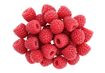 Isolated pile of ripe red raspberries, juicy and fresh, close up studio shot, fruit