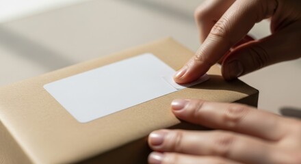 Obraz premium Person placing label on brown package on a neutral background 
