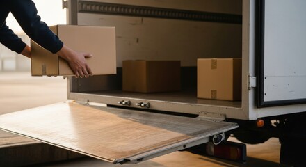 Person unloading cardboard boxes from delivery truck in warehouse  