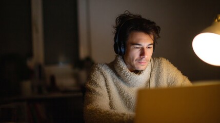 Cozy digital night owl, Mediterranean male, engrossed in nocturnal creativity for National Novel Writing Month and World Hello Day