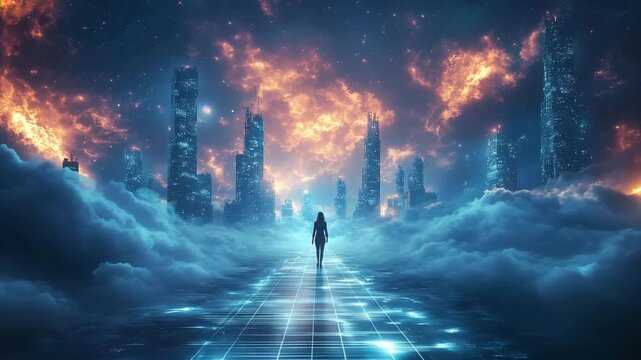 Lone woman walking on a futuristic glowing path towards a surreal cityscape in the clouds with a dramatic sky 4k video