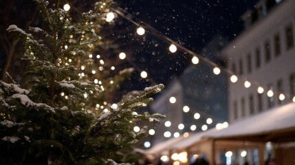Snow-kissed evergreens twinkle beneath fairy lights, weaving wintry enchantment, evoking Yule celebrations and festive night markets