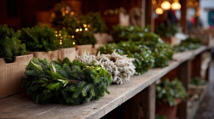 Woven garlands whisper forest secrets at a festive Yuletide market, evoking the spirit of Saturnalia and Winter Solstice