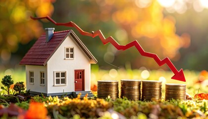 Real Estate Downturn: A miniature house sits amidst coins, as a red downward arrow visually represents a decline, capturing the economic downturn and the impacts on the property market.