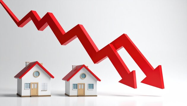 Housing Market Decline: The image represents the decline in the housing market with three miniature houses juxtaposed against a downward-sloping red arrow, symbolizing a decrease in property values.