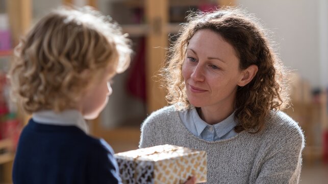 Charming gift exchange between Caucasian mother and child evokes tenderness and surprise, perfect for Gratitude Day or Unboxing Week delights