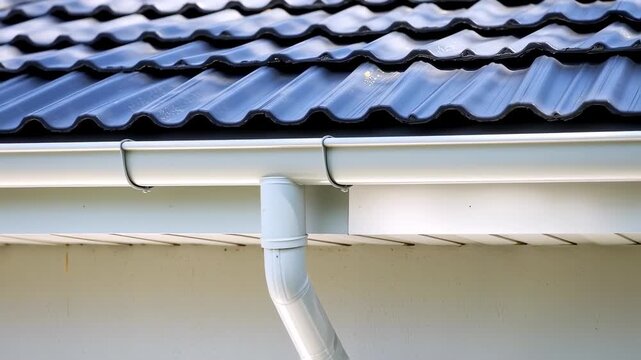 Close-up of a roof with dark tiles, gutter, and downspout against a textured wall