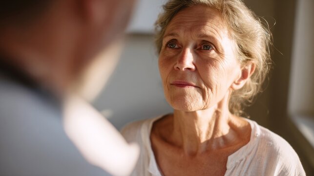 Elderly Caucasian woman in sunlit room, reflecting wisdom and nostalgia, perfect for Grandparents' Day or wisdom-themed narratives