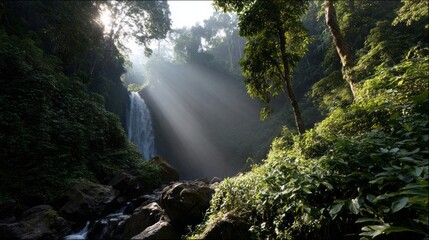 Majestic waterfall glistening in enchanted rainforest, nature's symphony for Earth Day or Arbor Day rejuvenation ceremonies